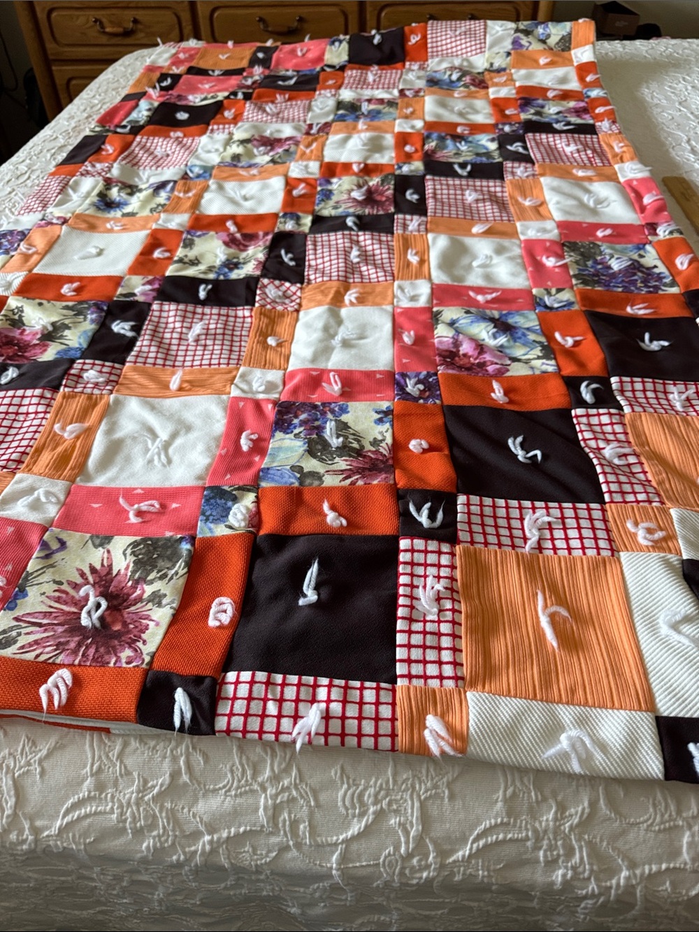 Handmade Patchwork Tied Quilt in Orange, Brown, Cream & Floral